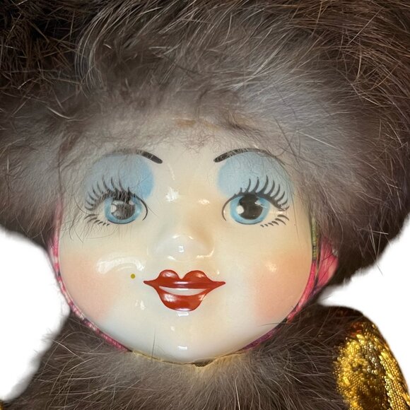 Pretty Hand Painted Russian Porcelain Girl Doll In Colorfully Dress & Fur Hat - Picture 14 of 14